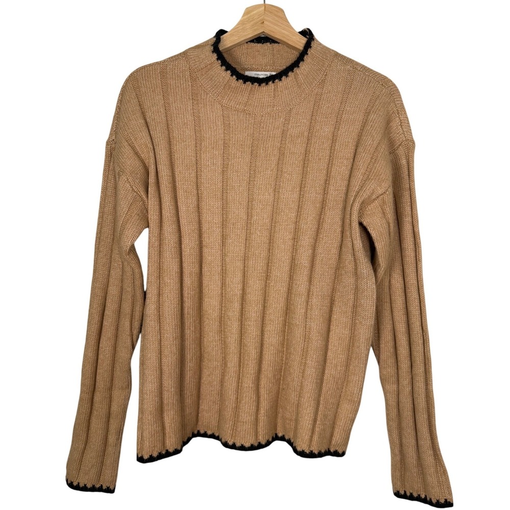 Maurices Womens Medium Tan Ribbed Knit Sweater Black Scalloped Trim Mock Neck